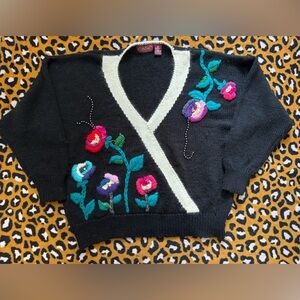 Vintage Eclectic Black & Cream Floral Embroidered Sweater